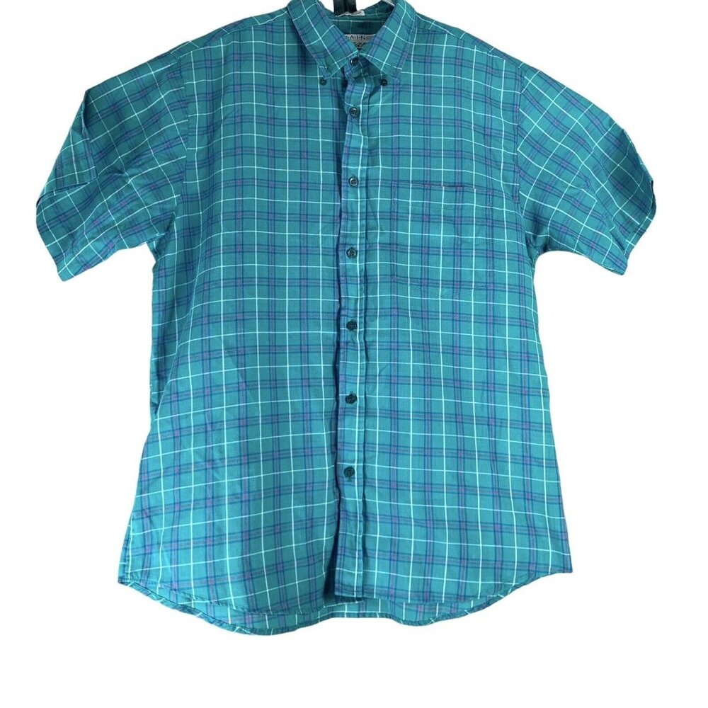 Vintage Size Small Shirt Button Down Short Sleeved Plaid Teal Blue Main Stream